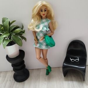 Barbie Doll Blonde Hair Mint Green Gingham Dress with Teal Bag and Green Boots